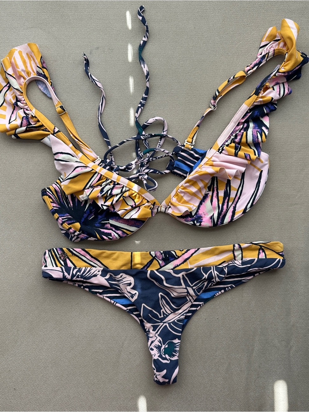 Maaji Floral Ruffle Bikini Set in Mustard, Navy & Pink